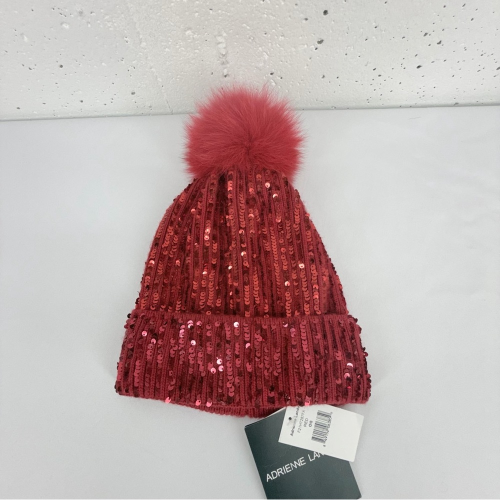Adrienne Landau Red Sequin Real Fox Fur Pom Knit Wool Blend Beanie Hat NEW
